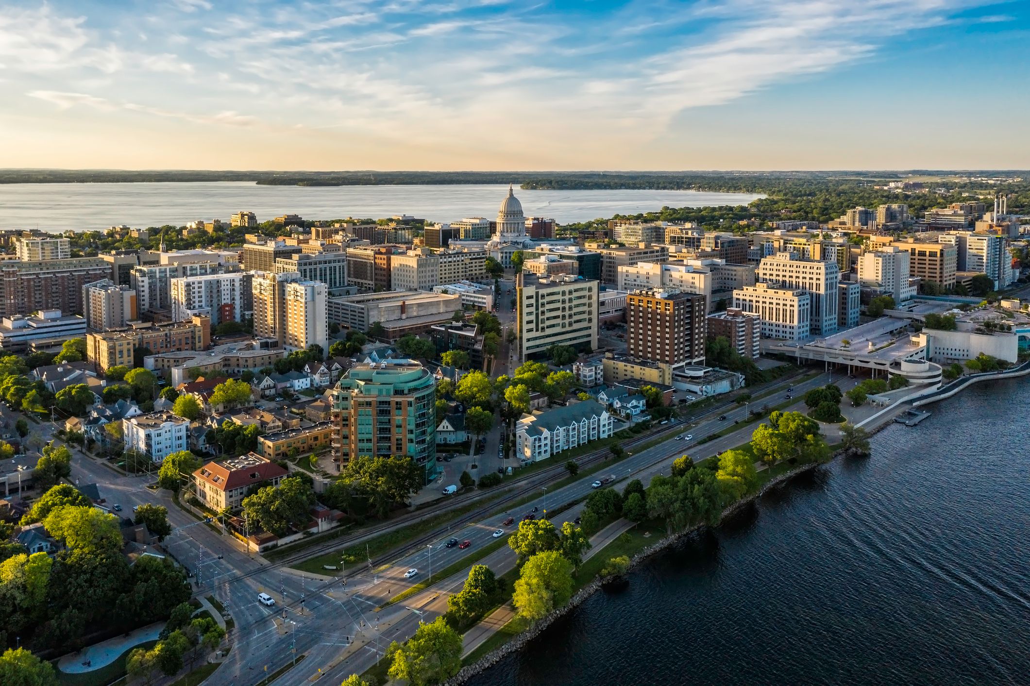 Aerial view of downtown Madison and the Capitol at golden hour